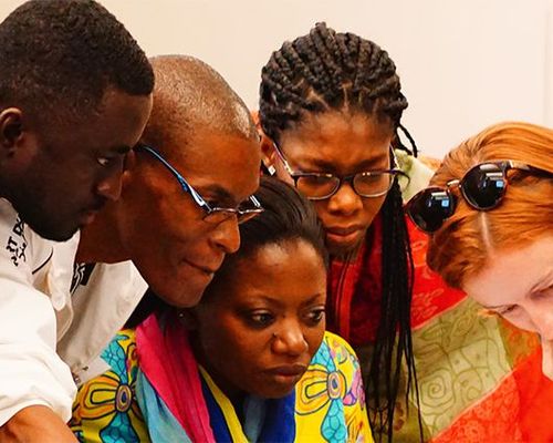 Team consultation at the BID Capacity Enhancement Workshop: Data use for decision-making, Cape Town, South Africa, 11 April 2018. Participants (<em>left to right</em>): Ernest Lamptey, Raymond Owusu-Achiaw, Donald Mpalika, Elizabeth Mwafongo, Jacqueline Sapoama Kumadoh, Hannah Owen. <a href="https://flic.kr/p/264ig7Z">Photo</a> Maheva Bagard Laursen | GBIF, licensed under <a href="https://creativecommons.org/licenses/by-nc-sa/2.0/">CC BY-NC-SA 2.0</a>.